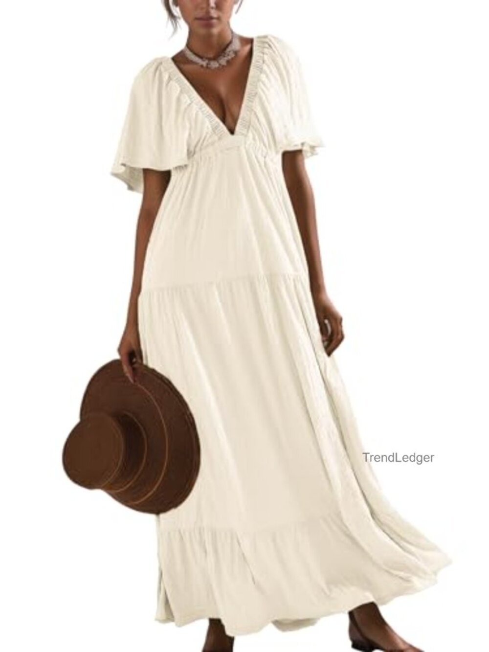 V-Neck Maxi Dress Tiered Ruffle Flutter Sleeve Backless Elastic Waist Flowy - Picture 2 of 5